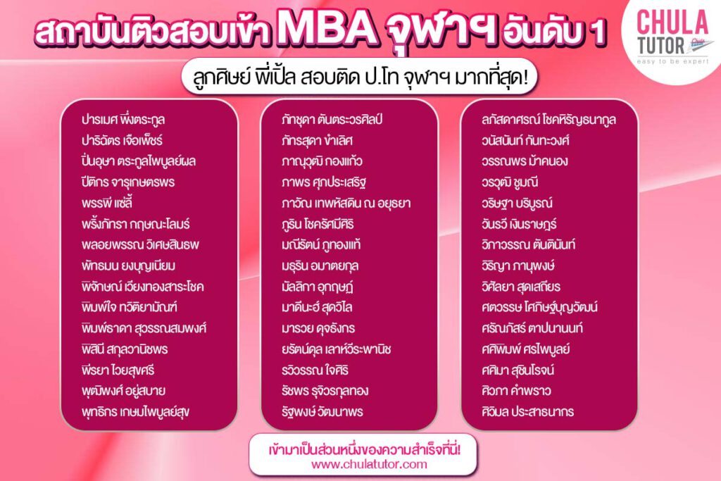 รายชื่อ นักเรียน บ้างส่วน ของพี่เปิ้ล ที่สอบติด MBA จุฬาฯ